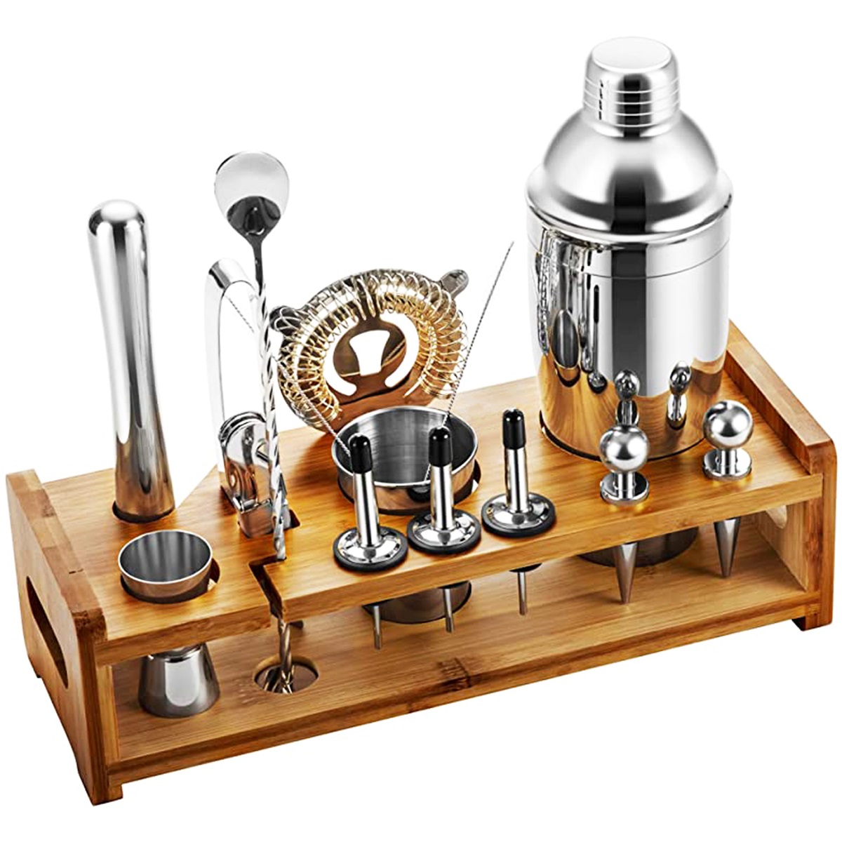 24Pcs Cocktail Shaker Set with Bamboo Stand